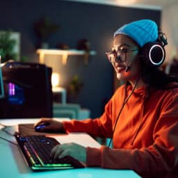 Woman playing video games on her computer