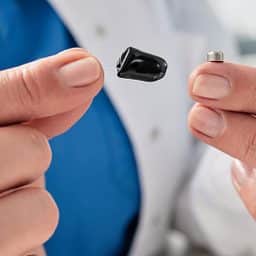 Hearing aid battery replacement. Audiologist showing ITC hearing aid and battery for it, holding them in her hands in front of him
