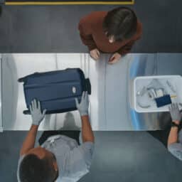 Overhead view of going through airport security; agent handles a carry-on suitcase on the conveyor belt.